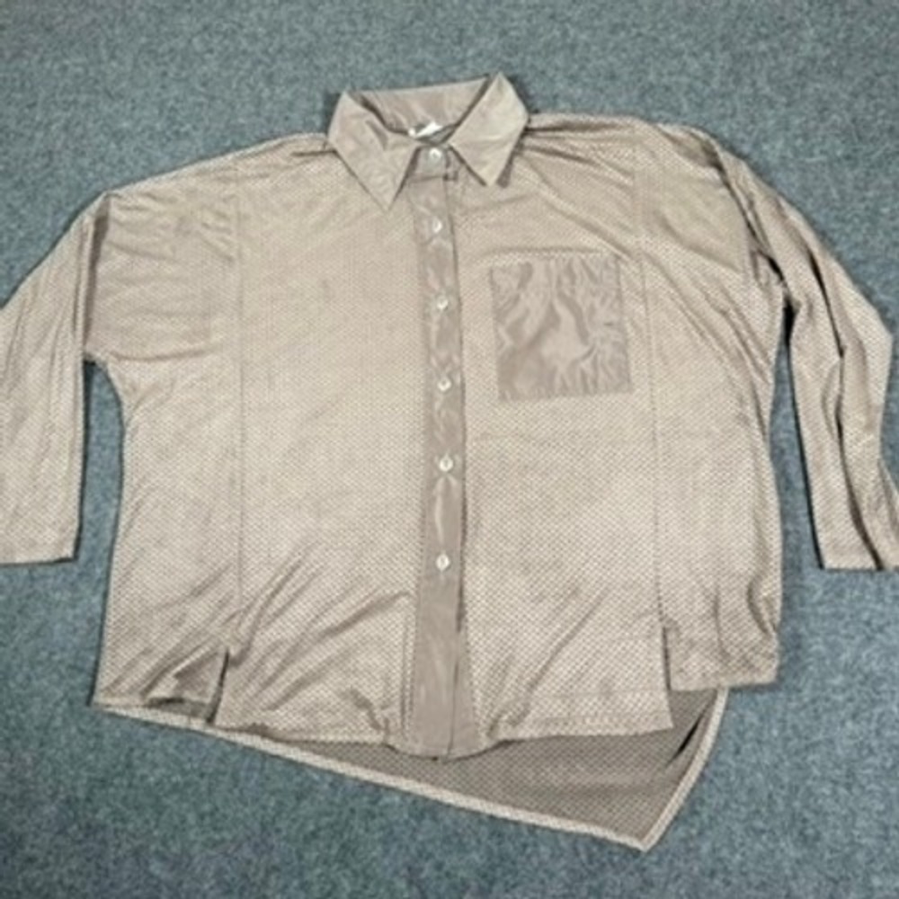 Planet Lauren G Mesh Perforated Button Down Shirt OS Drape Asymmetric Hem‎ Grey